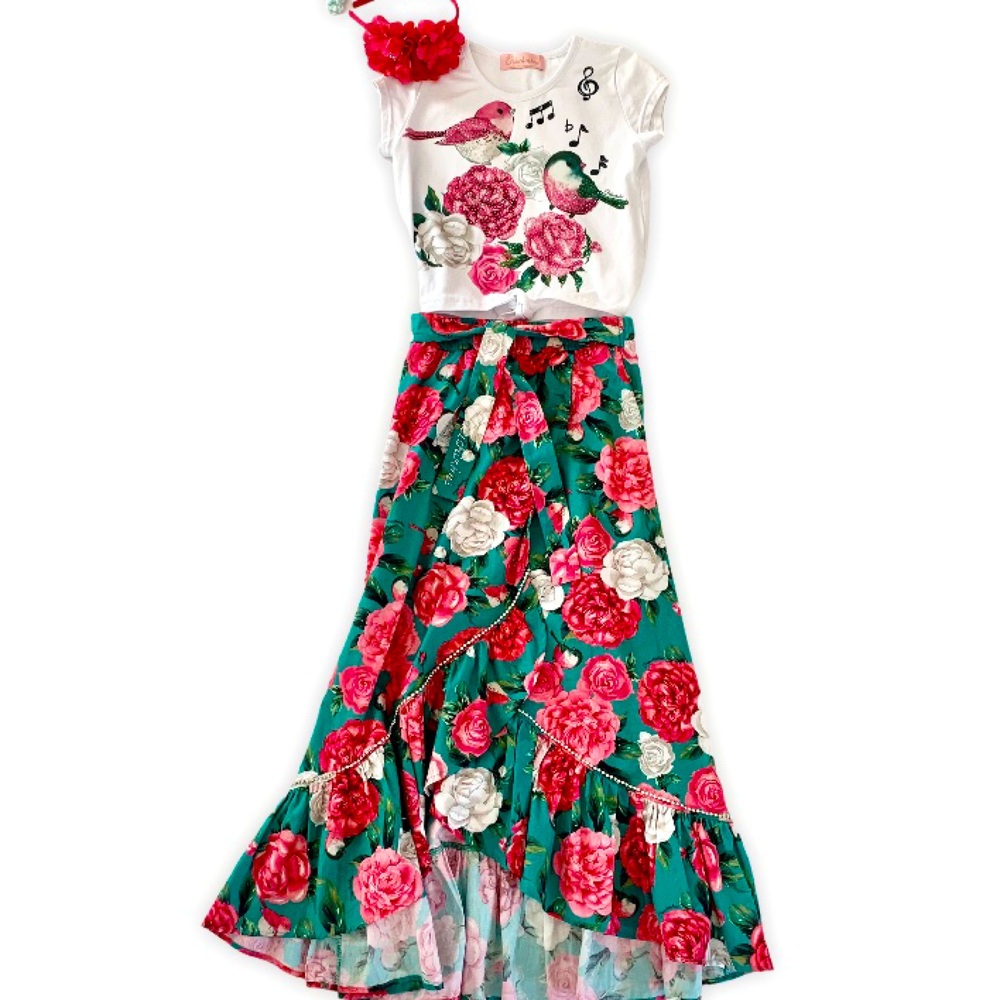 *Girls* Flower Long Skirt/ Rhinestones T-Shirt Set
